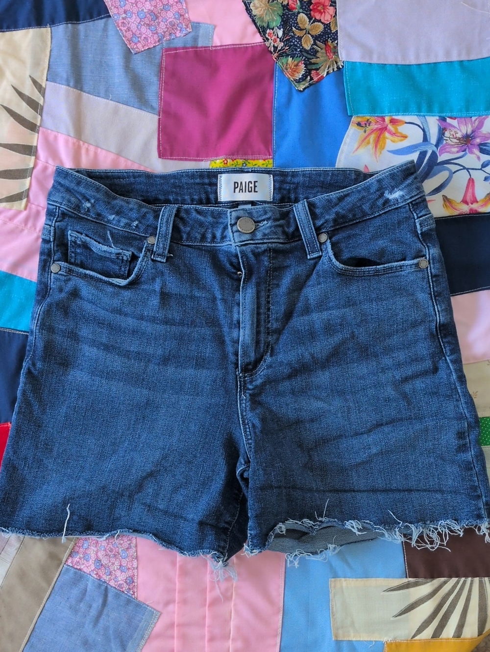PAIGE Sarah Longline Denim Shorts Indigo Frayed Hem
